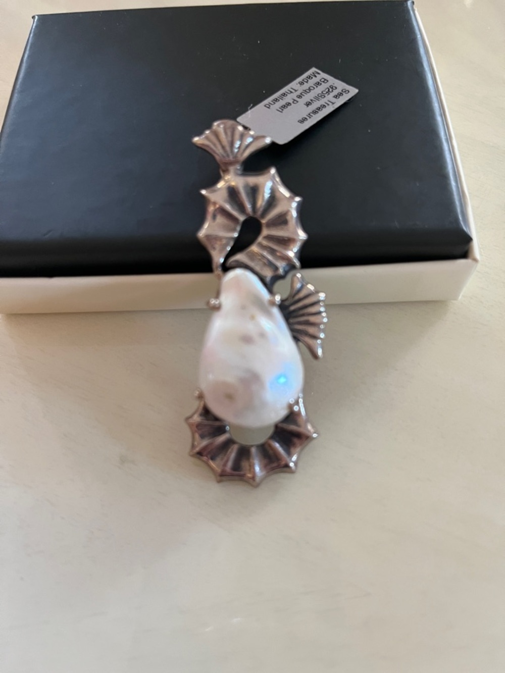 Baroque Pearl Drop Seahorse Pendent in Silver Tone